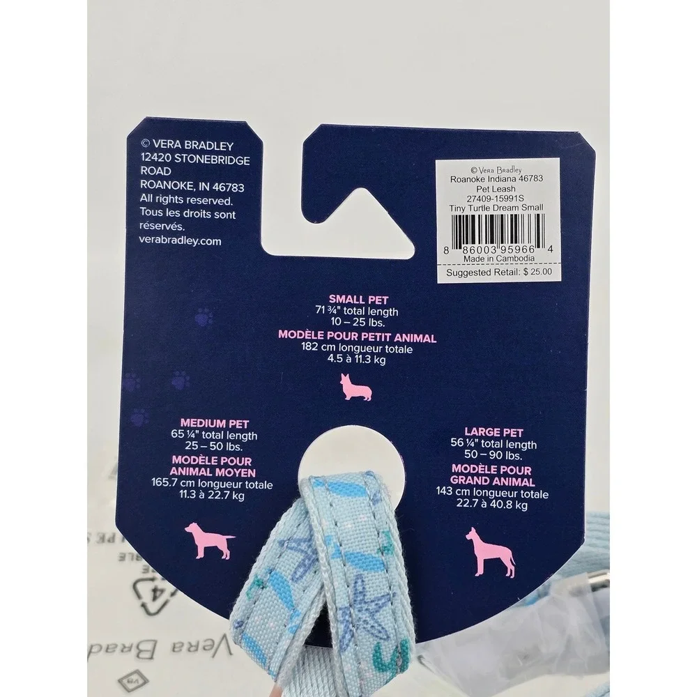 Vera Bradley Pet Leash Small Light Blue Tiny Turtle Dream Sea Life - New